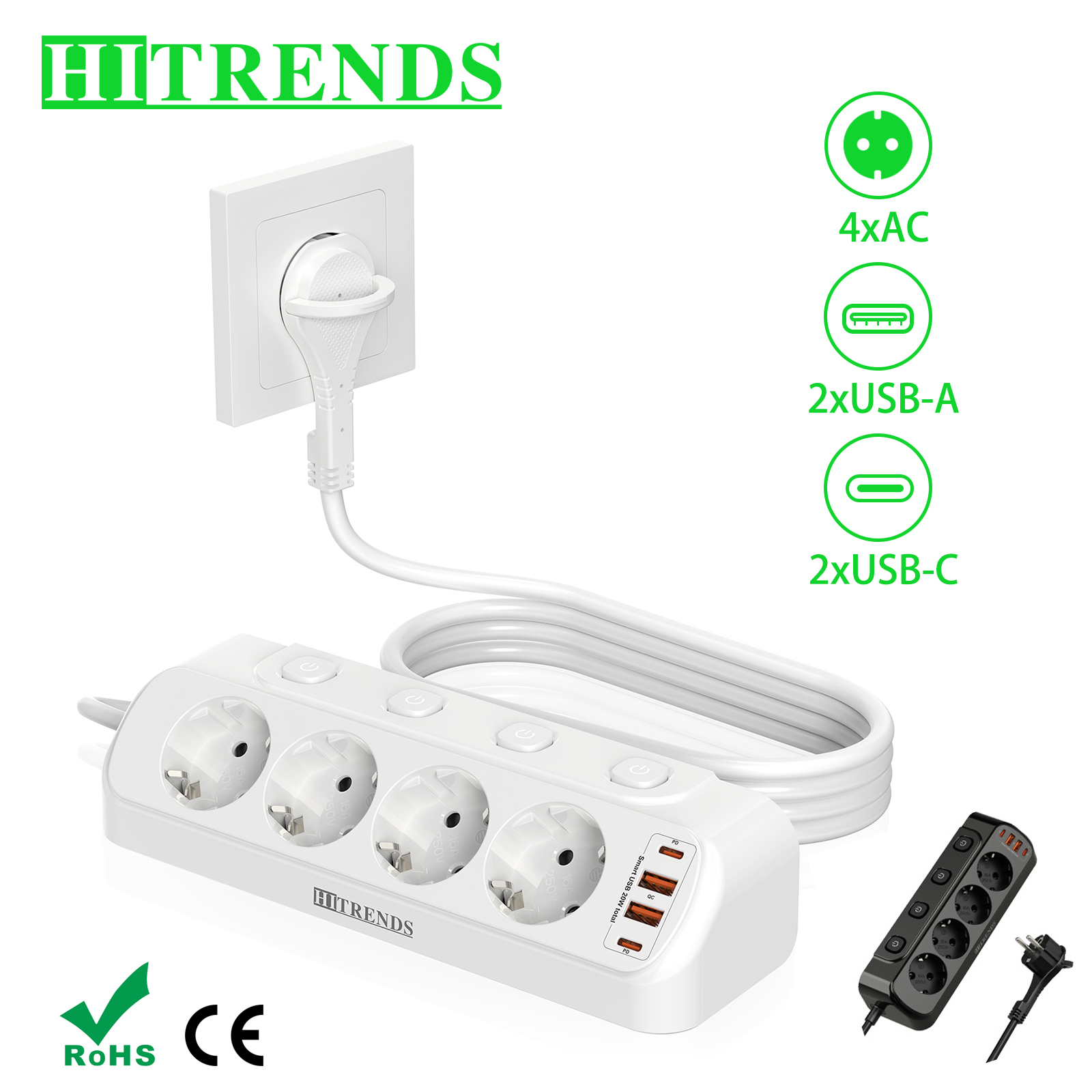 Power Strip Flat - Tomada de mesa europeia com múltiplas