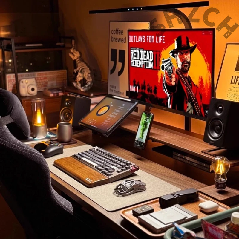 Desk Setup For Laptop And Monitor - Suporte Modular de Nogueira para Monitor